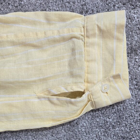 Chico's 100% Linen No Iron Yellow White Double Stripe Roll Tab Sleeve Shirt - Picture 10 of 10